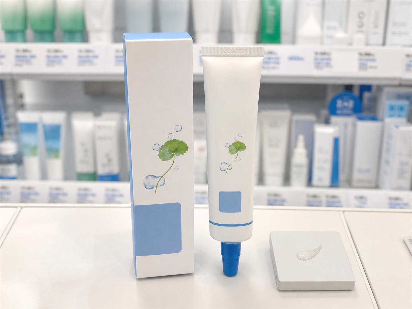 AI-assisted editorial visualization of a generic lightweight centella sun-serum tube in a Korean beauty store · product detail
