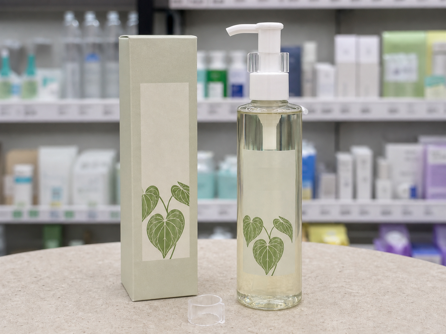 AI-assisted editorial visualization of a generic heartleaf cleansing-oil bottle in a Korean beauty store · product detail
