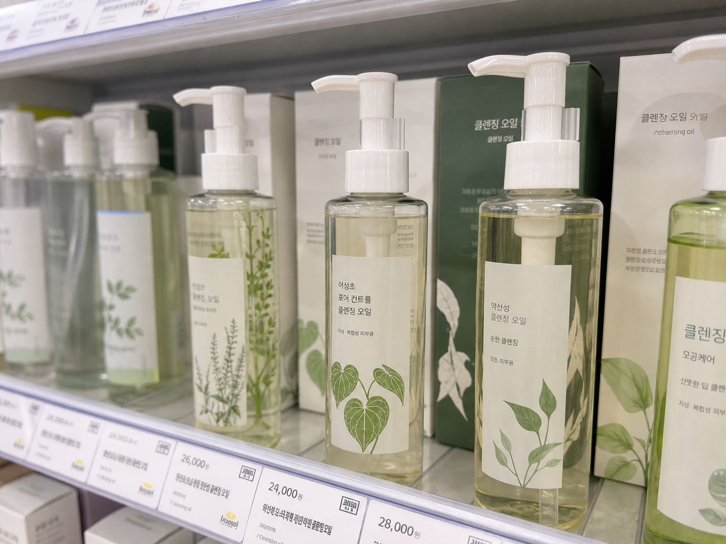 AI-assisted editorial visualization of a generic heartleaf cleansing-oil bottle in a Korean beauty store · shelf comparison