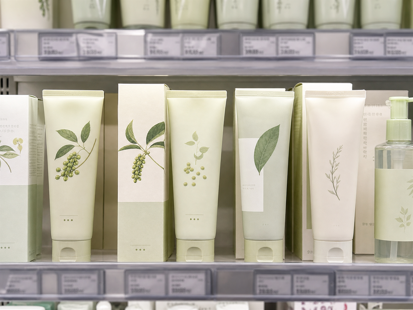 AI-assisted editorial visualization of a generic mung-bean gentle cleansing-foam tube in a Korean beauty store · shelf comparison