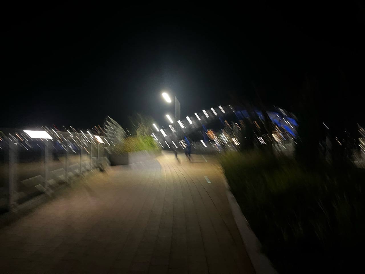 가로등과 화단 사이로 북쪽 방향을 향해 이어지는 야간 보행로