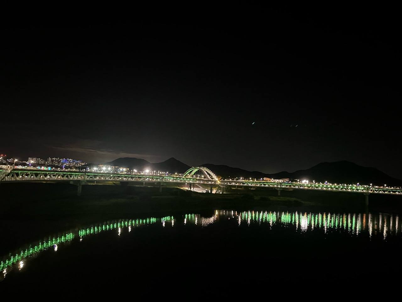 이응다리 위층에서 바라본 초록색 조명 교량과 산의 야경
