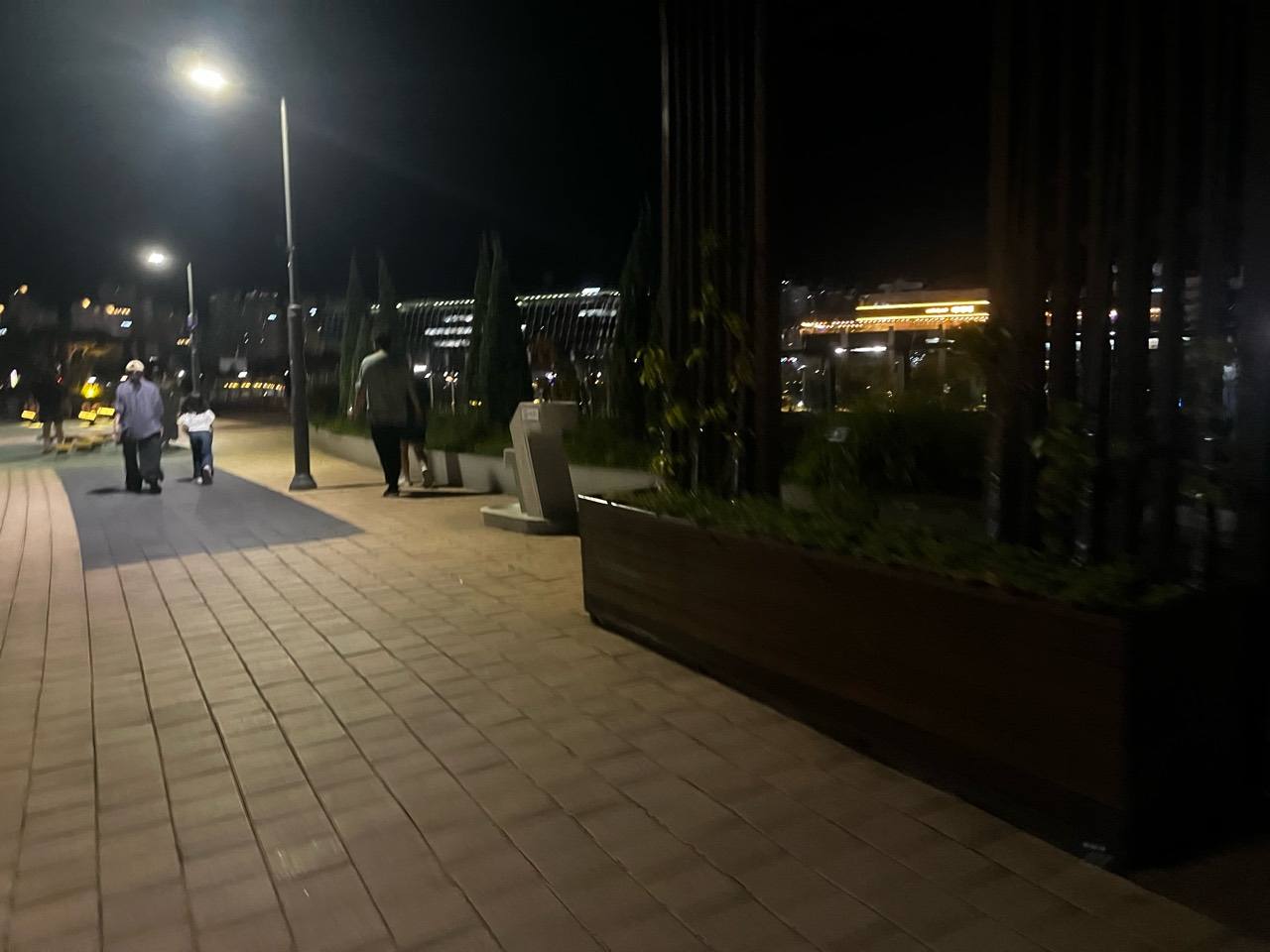 높은 화단과 가로등 사이를 걷는 이응다리 위층 보행자들