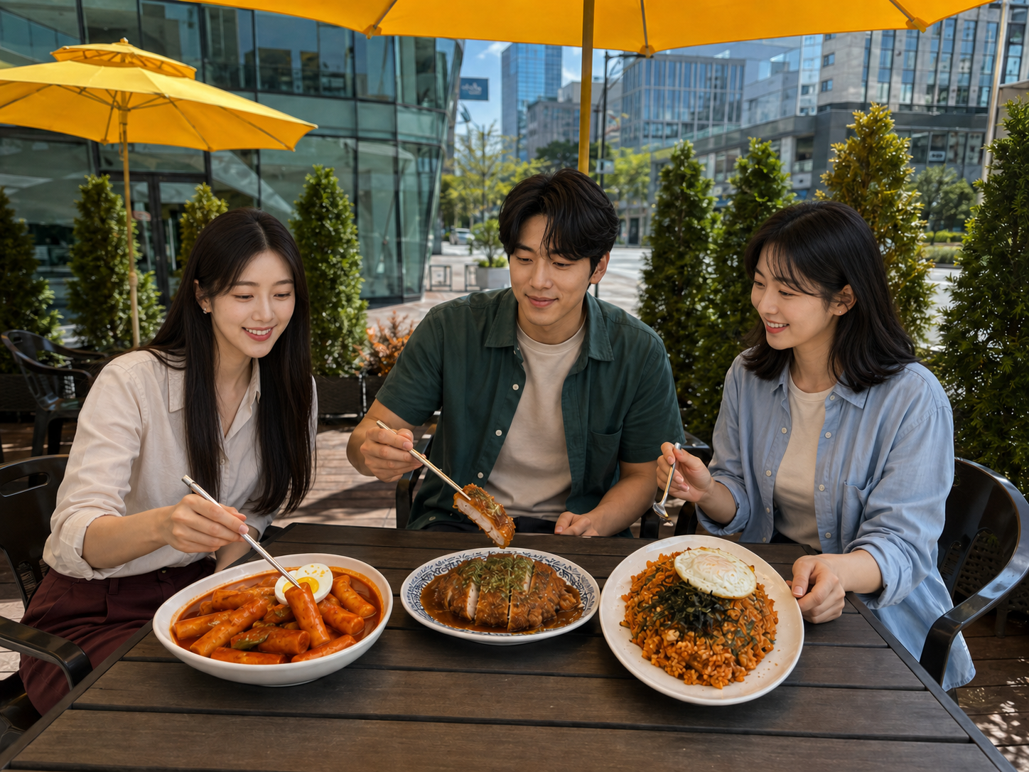 노란 파라솔 아래에서 떡볶이와 돈가스, 김치볶음밥을 함께 먹는 가상 가이드 한미나, 강이안, 윤세라
