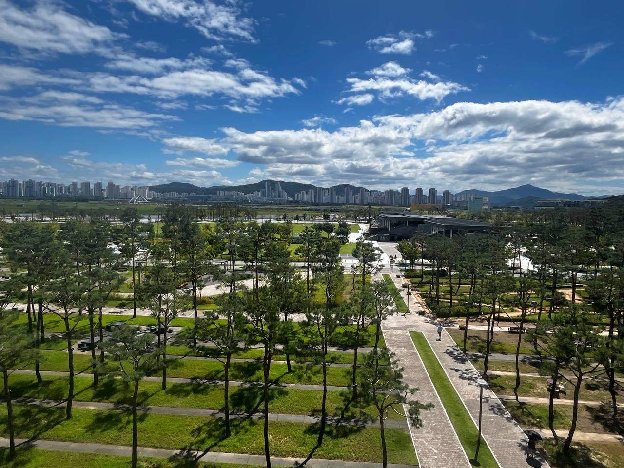 중앙공원과 멀리 보이는 아파트와 산