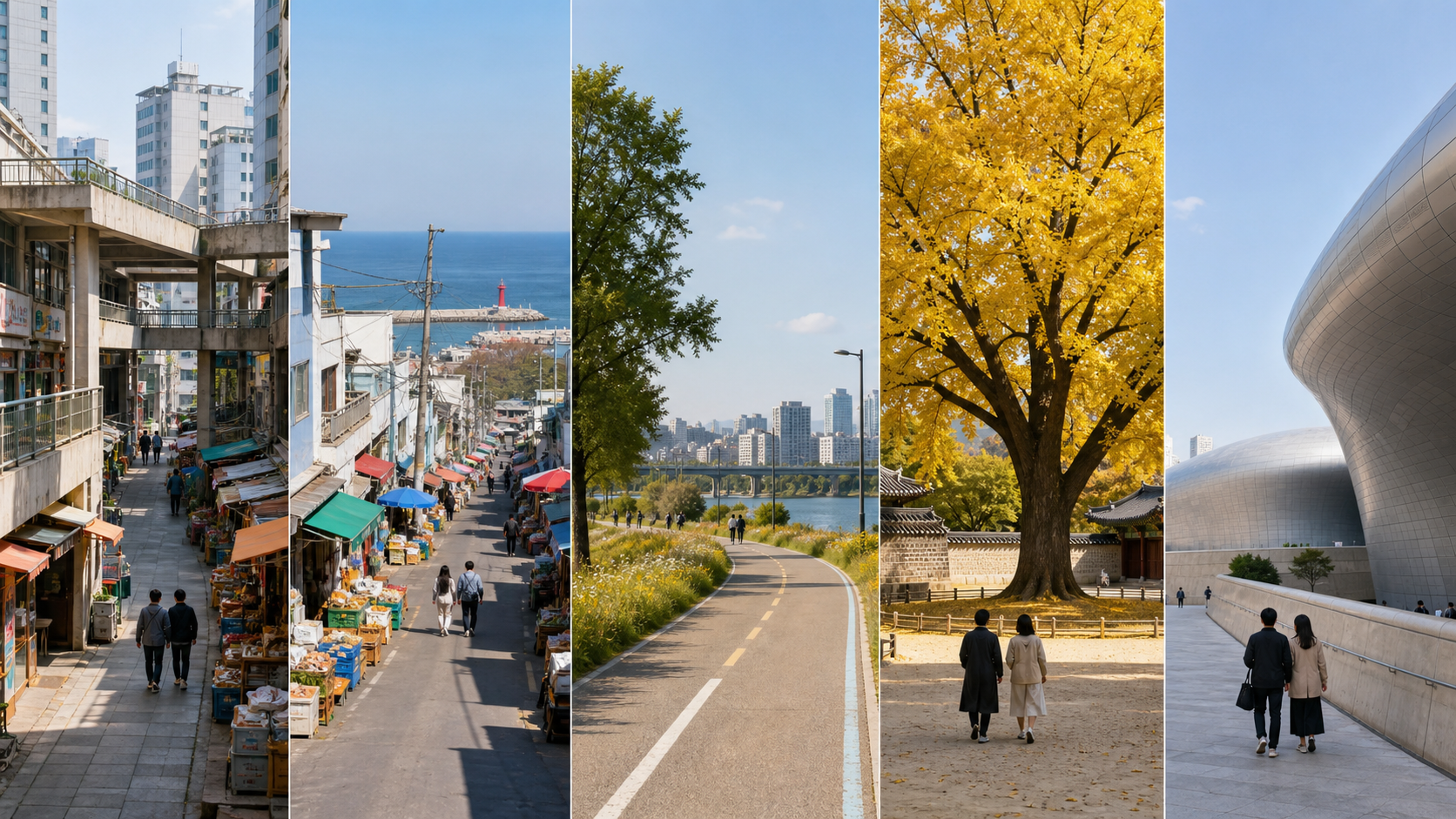 AI-assisted editorial visualization: Editorial montage of a Seoul electronics arcade, a Korean coastal market, a Hangang park, a historic ginkgo park and a futuristic design plaza