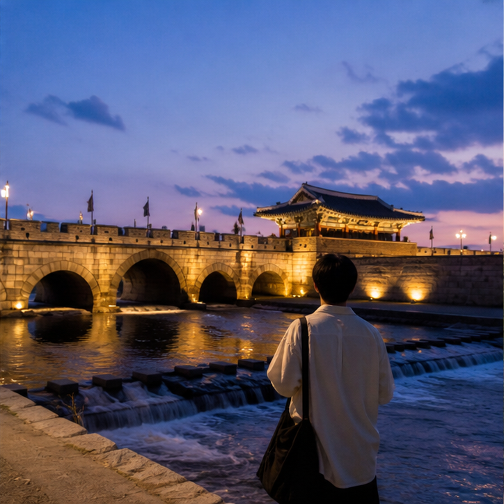 AI-assisted VEMORIQ editorial image; no celebrity likeness or copyrighted still: Suwon Hwaseong day trip