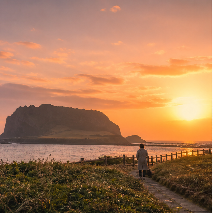 AI-assisted VEMORIQ editorial image; no celebrity likeness or copyrighted still: Jeju east-coast route
