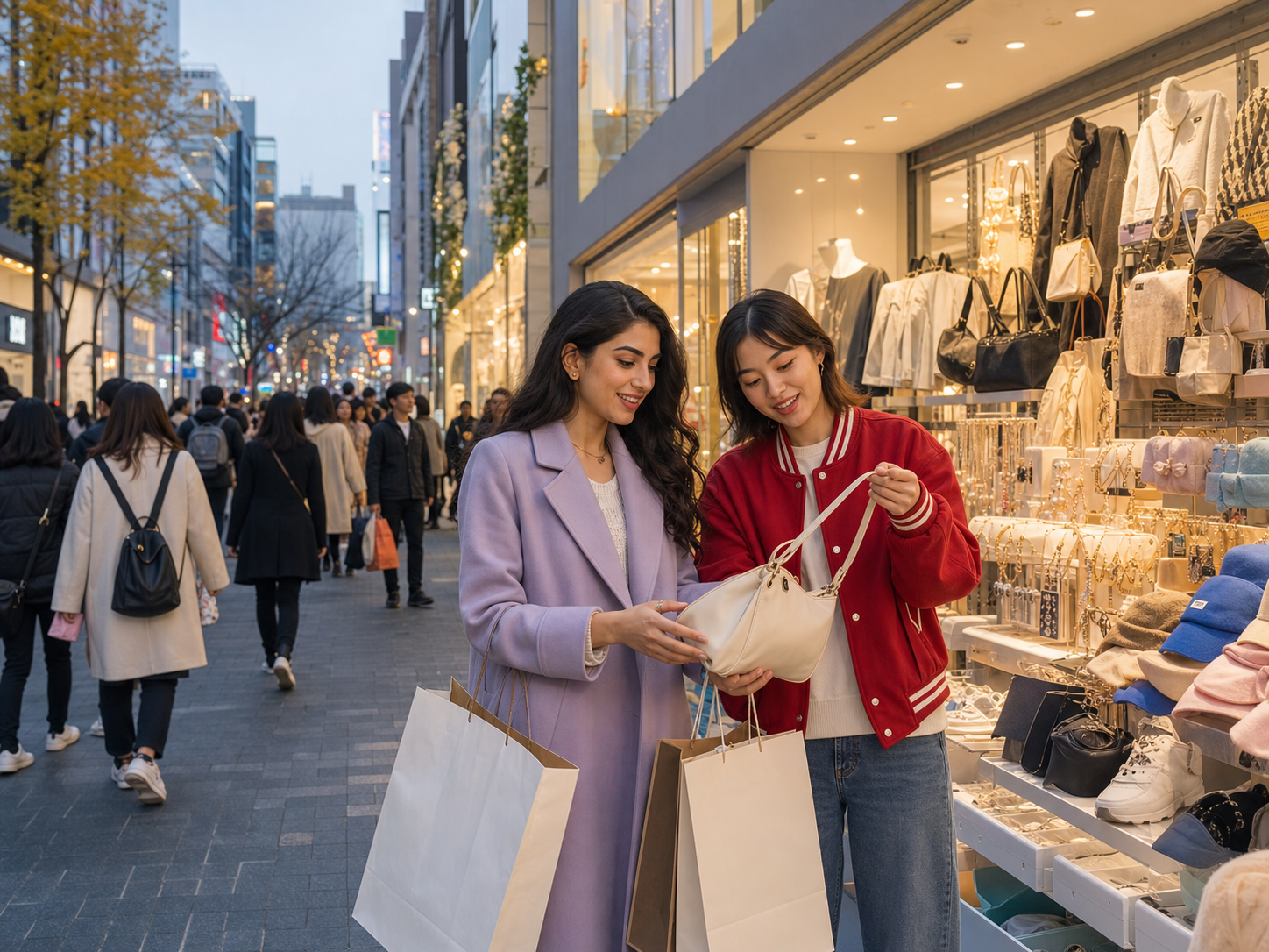 AI-assisted editorial image of two young international women comparing fashion and accessories on a lively Myeongdong shopping street in Seoul: Myeongdong shopping