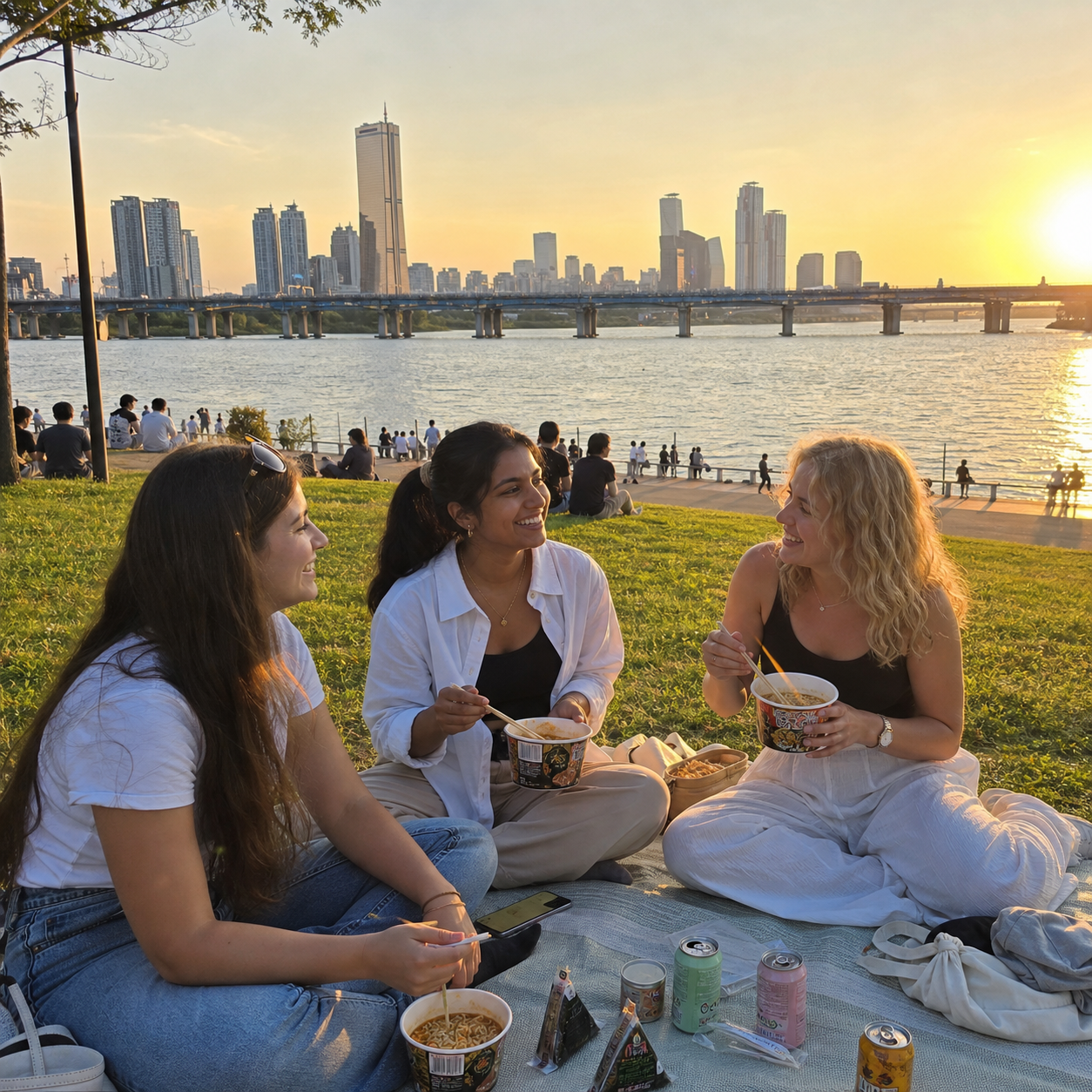 AI-assisted editorial image of three young international women enjoying ramyeon and triangle gimbap on a picnic mat beside the Han River at Ttukseom Hangang Park at sunset: Ttukseom Hangang picnic