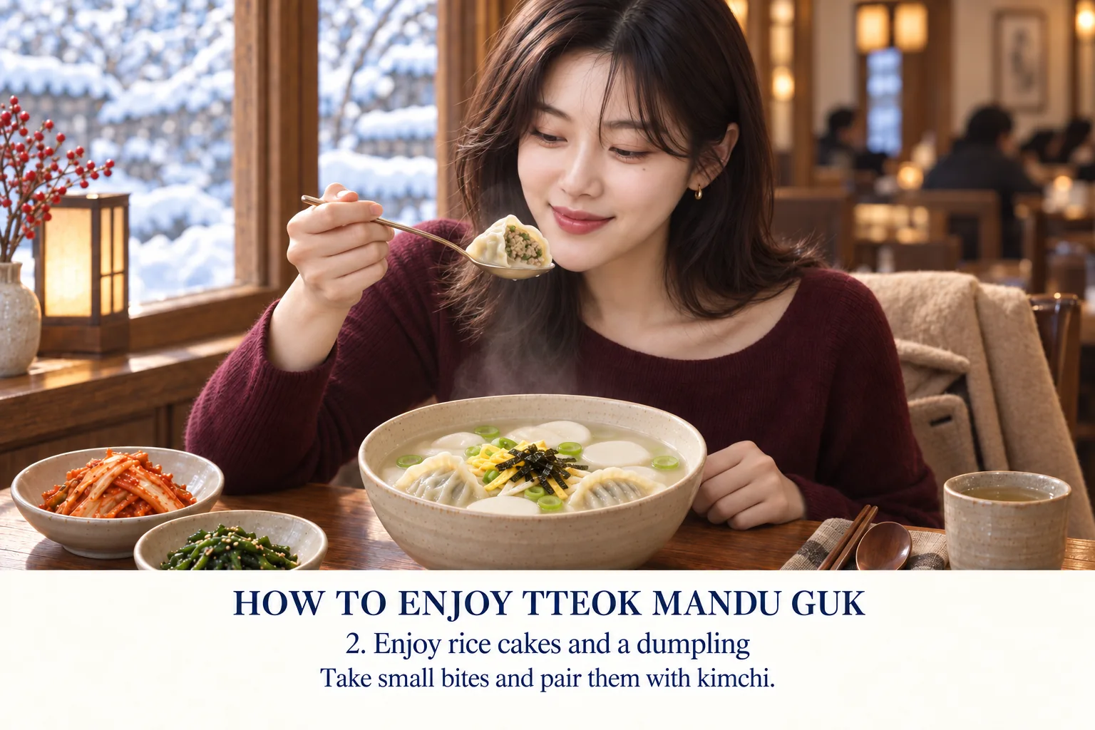 Cut or bite a dumpling into a manageable piece, then alternate it with one rice-cake slice and a little kimchi. Avoid swallowing chewy rice cake in large pieces.