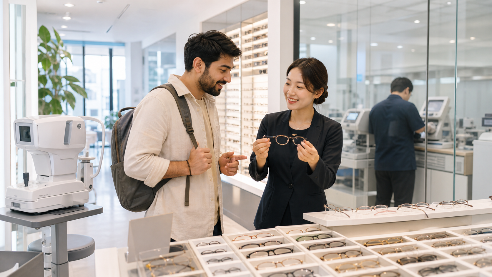 A fictional international visitor receiving eyewear service from an optician in a modern unbranded Korean optical shop