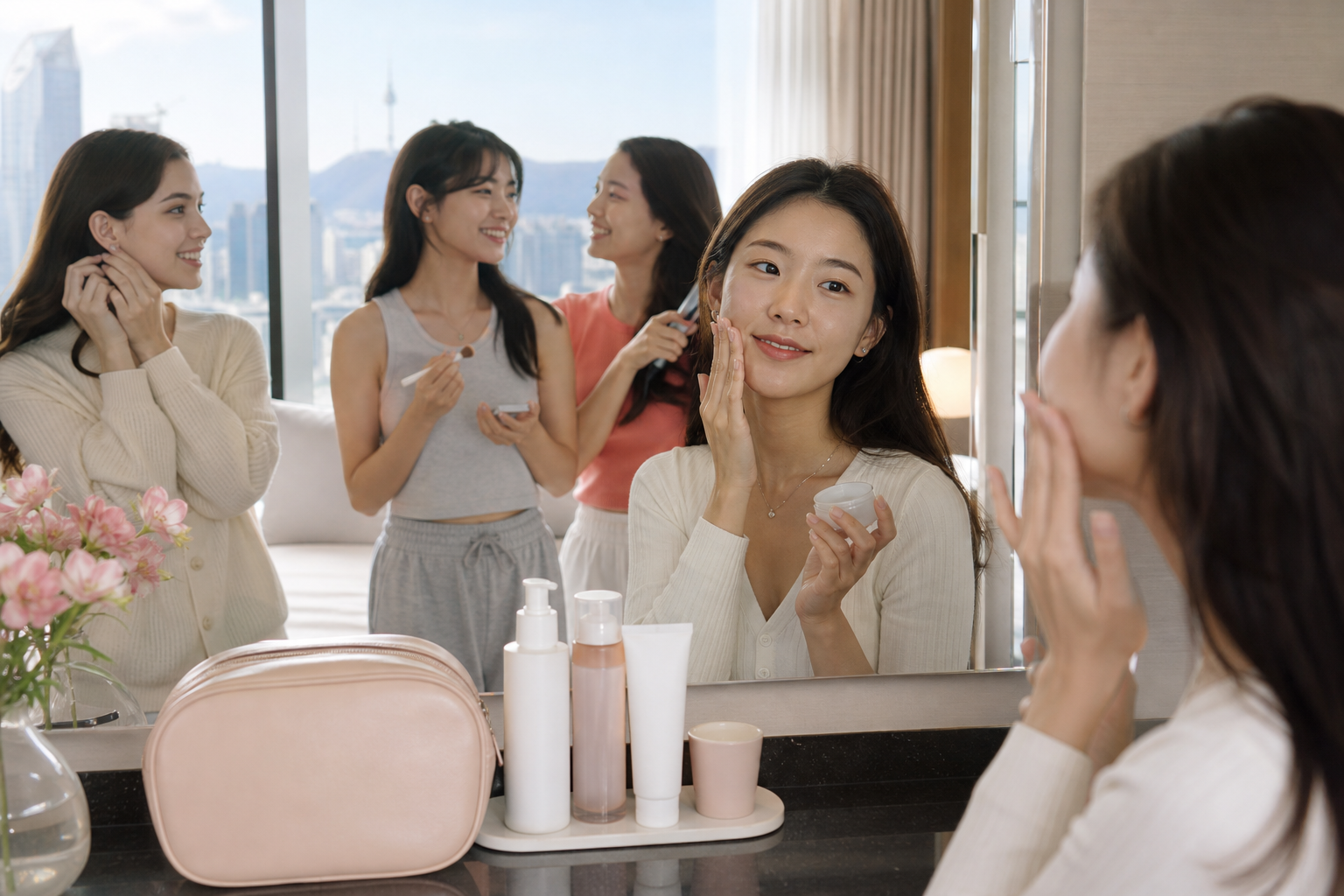 Four young women following a simple morning skincare routine in a Seoul hotel
