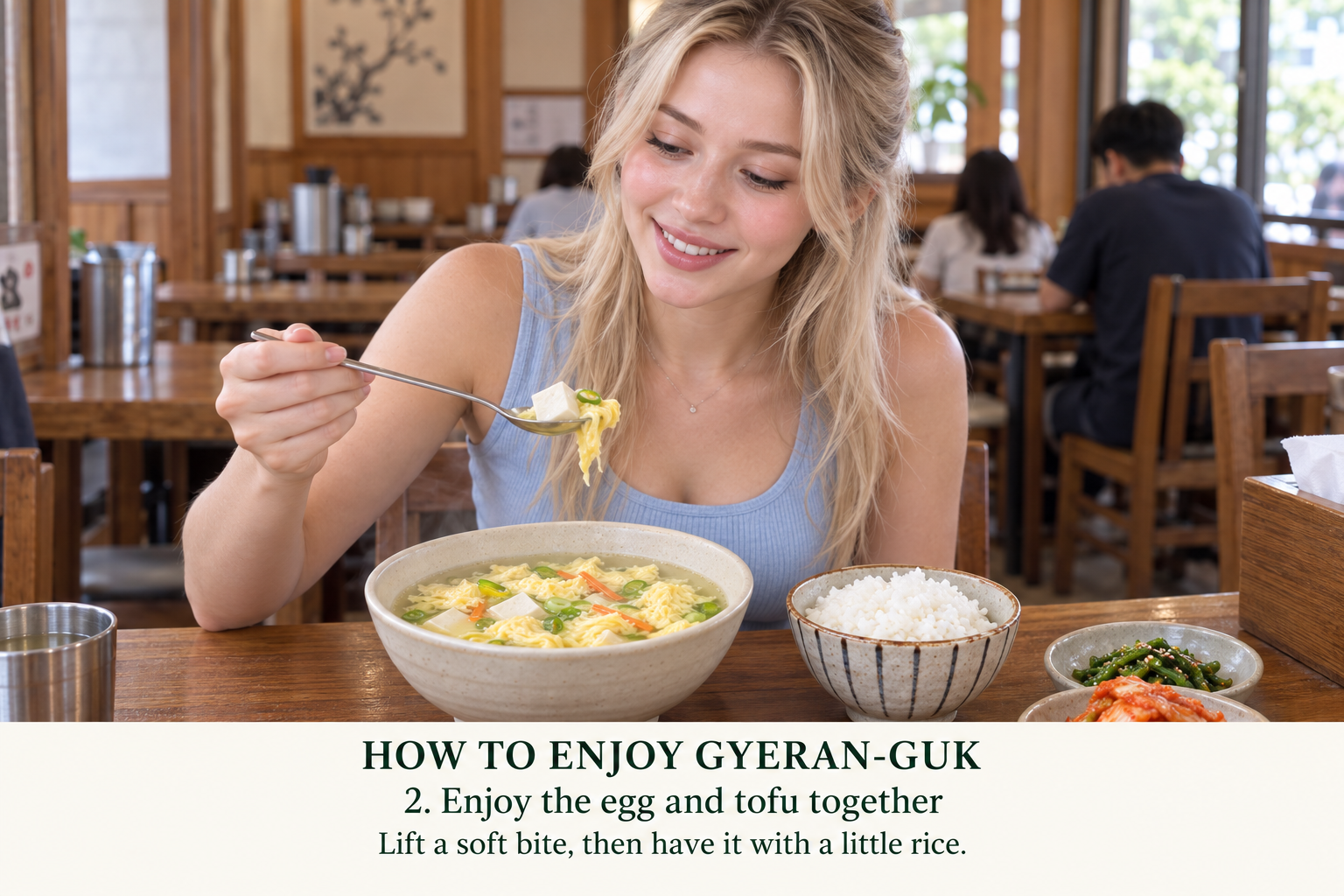 2. Lift egg and tofu together and pair with a small spoonful of rice if desired.