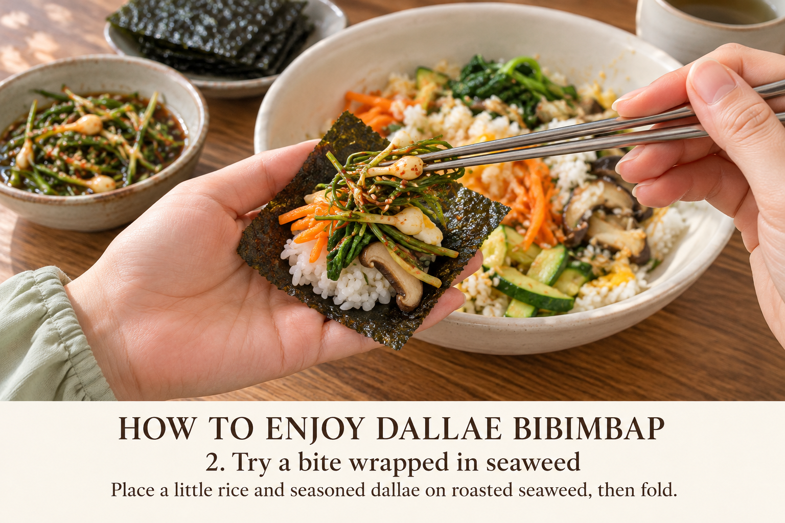 2. Place a small spoonful on roasted seaweed and fold it into a one-bite wrap.