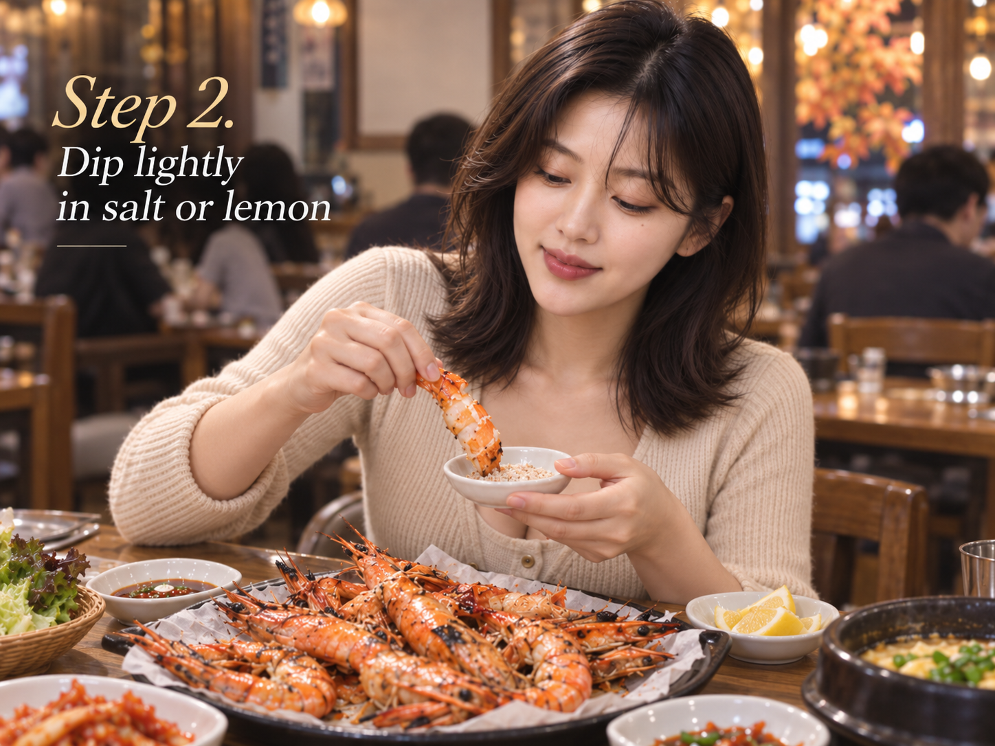 2. Taste the shrimp plain first, then touch only the edge to salt or add a small squeeze of lemon. Heavy dipping can cover its natural sweetness.
