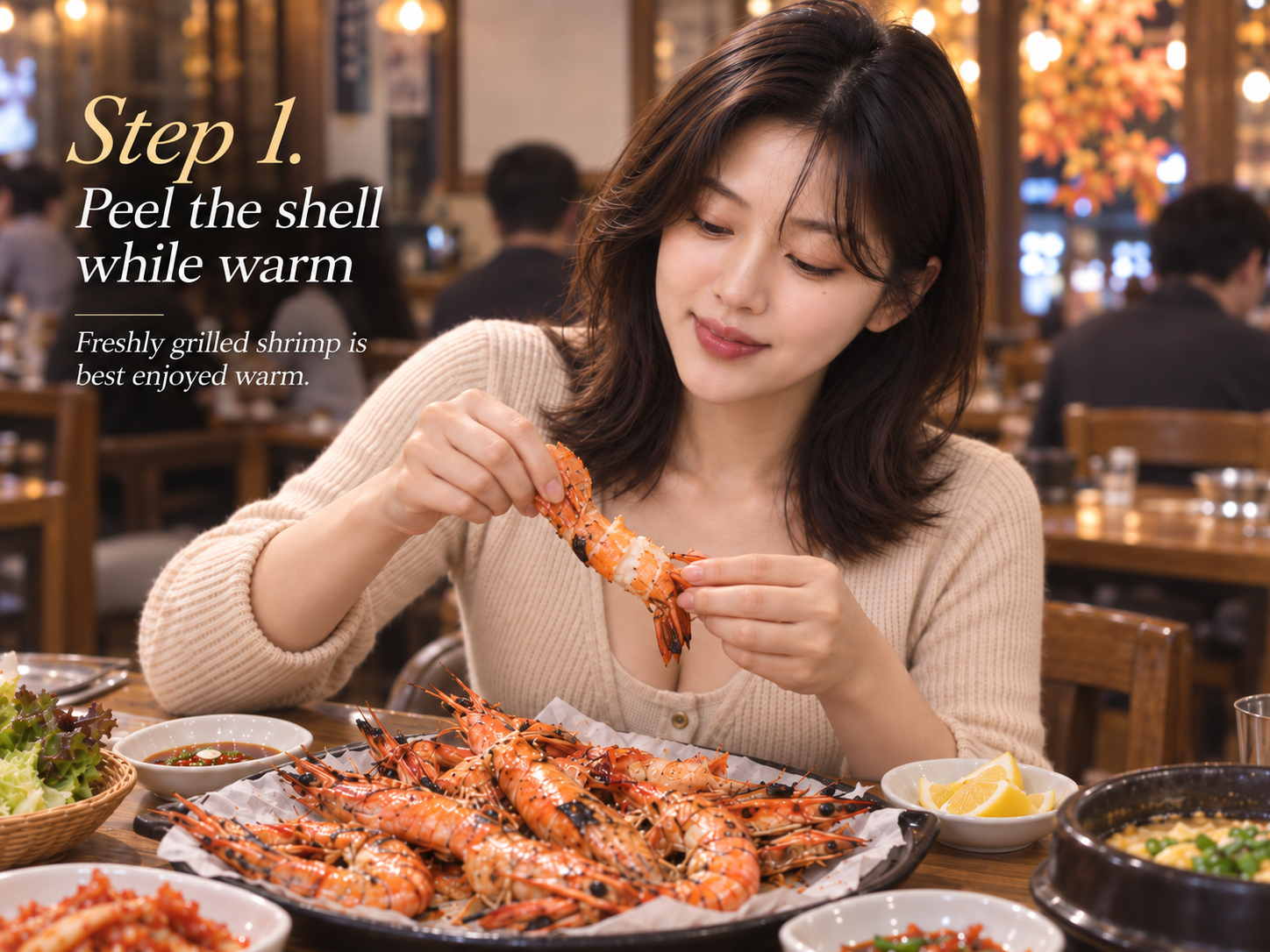4. If the head is served crisp and you choose to eat it, confirm it is thoroughly cooked and bite cautiously; otherwise set the head and shell aside.