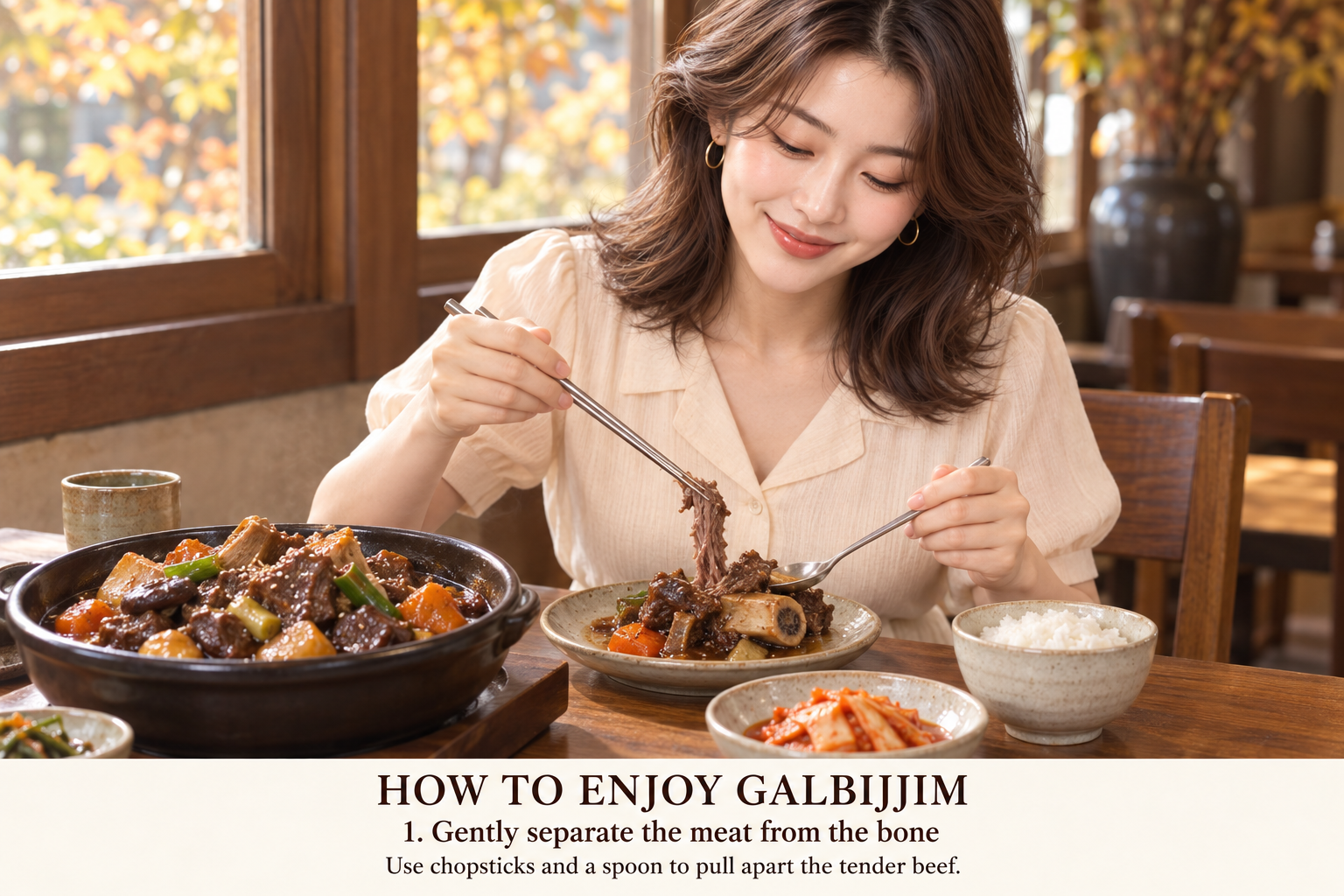 1. Use chopsticks and a spoon together to pull the tender meat gently from the bone. Check the serving carefully for small bone fragments before taking a bite.