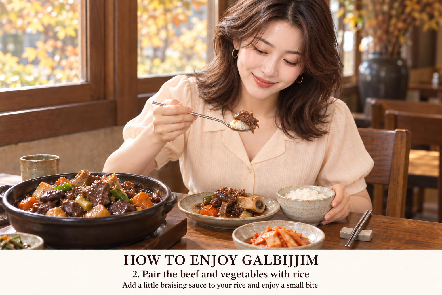 2. Pair a small piece of beef with radish, carrot or mushroom and a little rice. Spoon on only enough braising sauce to season the bite without overwhelming it.