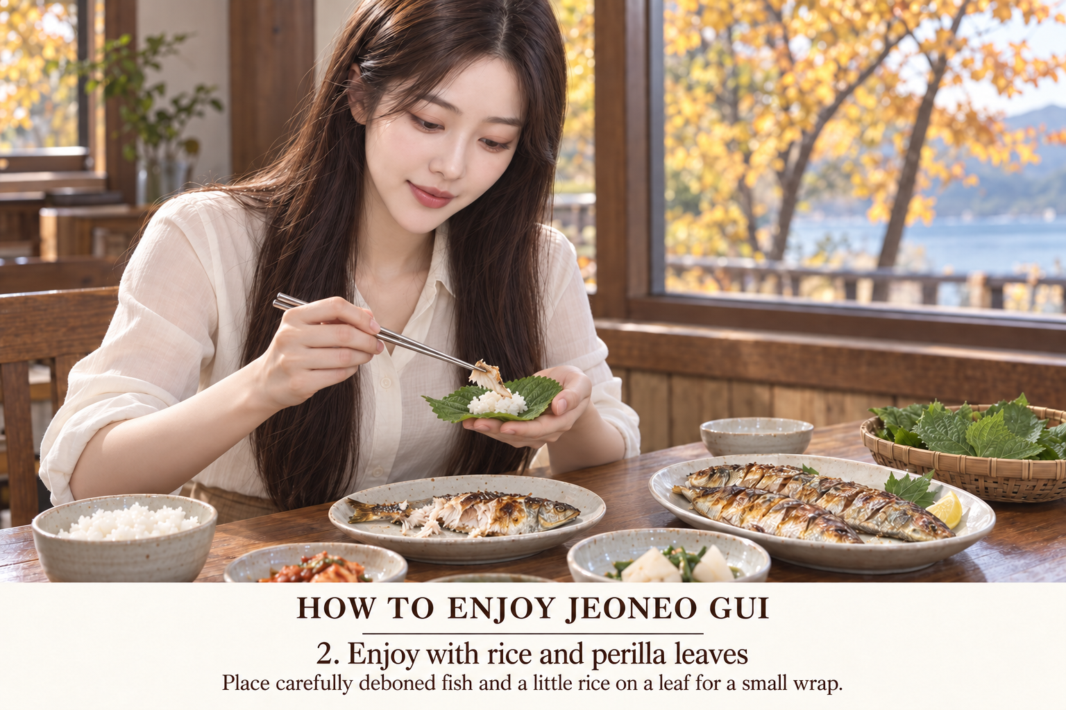 2. Taste the fish plain first. Then place fully deboned fish and a little rice on one perilla leaf; add kimchi or sauce sparingly so the grilled aroma remains clear.