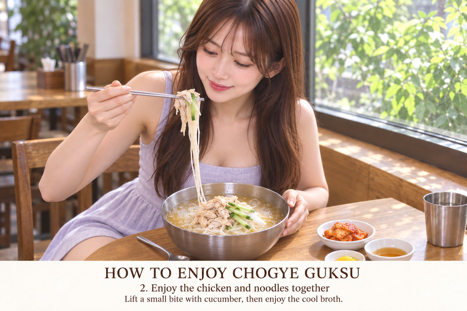 2. Lift chicken, noodles, cucumber and radish together, then sip the broth between bites.
