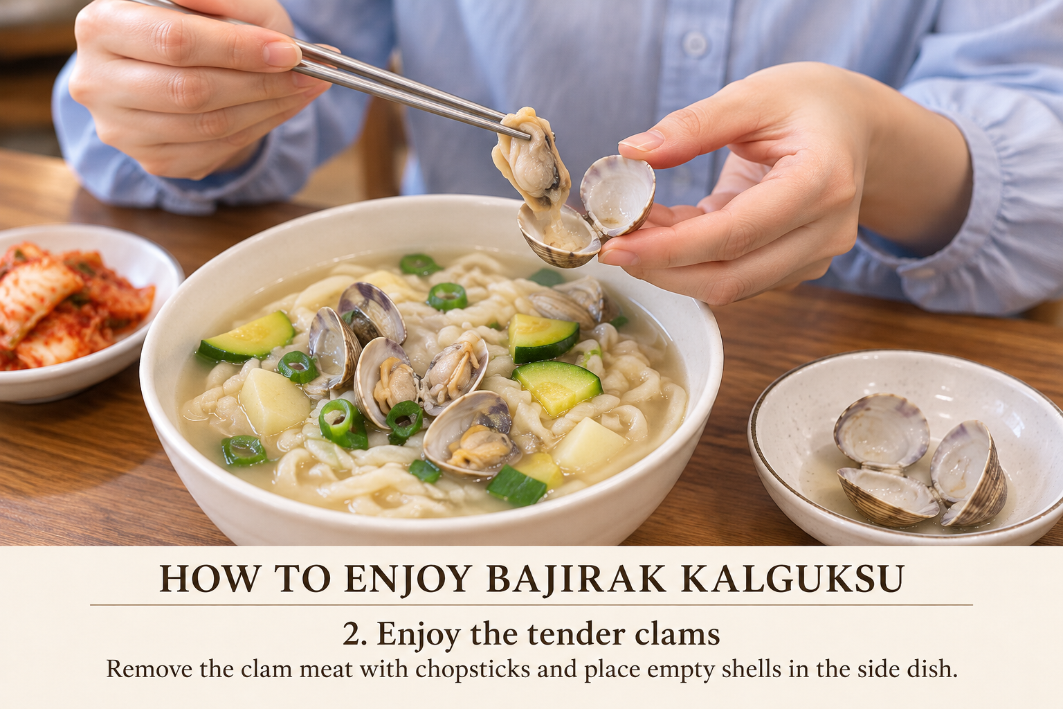 2. Remove the tender clam meat with chopsticks and place empty shells in the side bowl. Do not eat any clam whose shell remained closed after cooking.