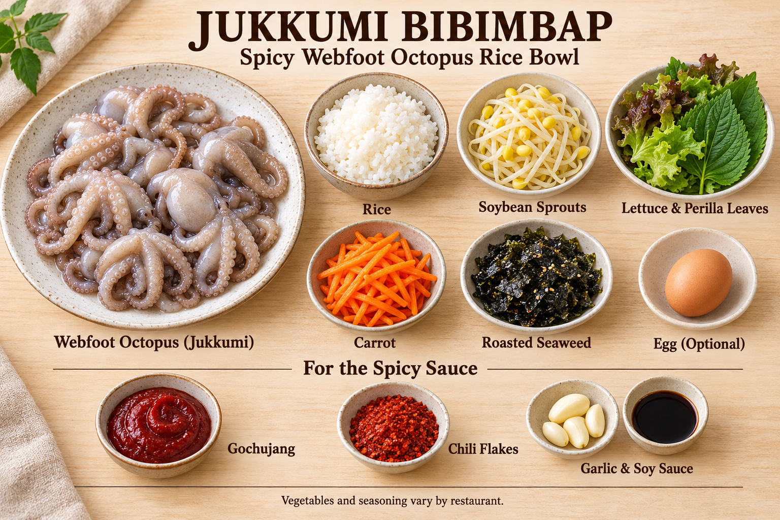 Main ingredients for Jjukumi Bibimbap