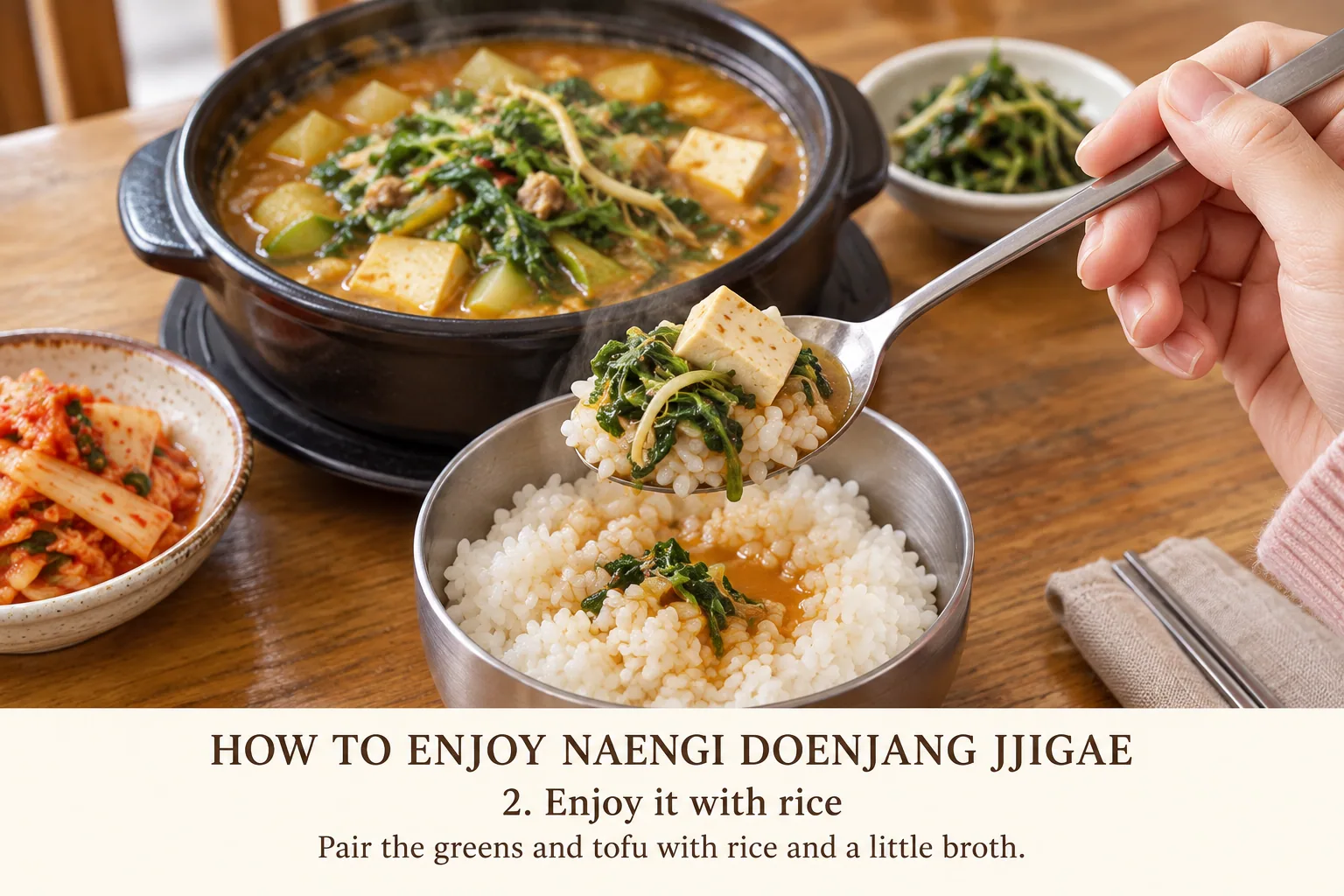 2. Place a little rice, naengi and tofu on the spoon and add just enough broth to moisten them. This balances the fermented salinity while keeping the herb’s aroma clear.