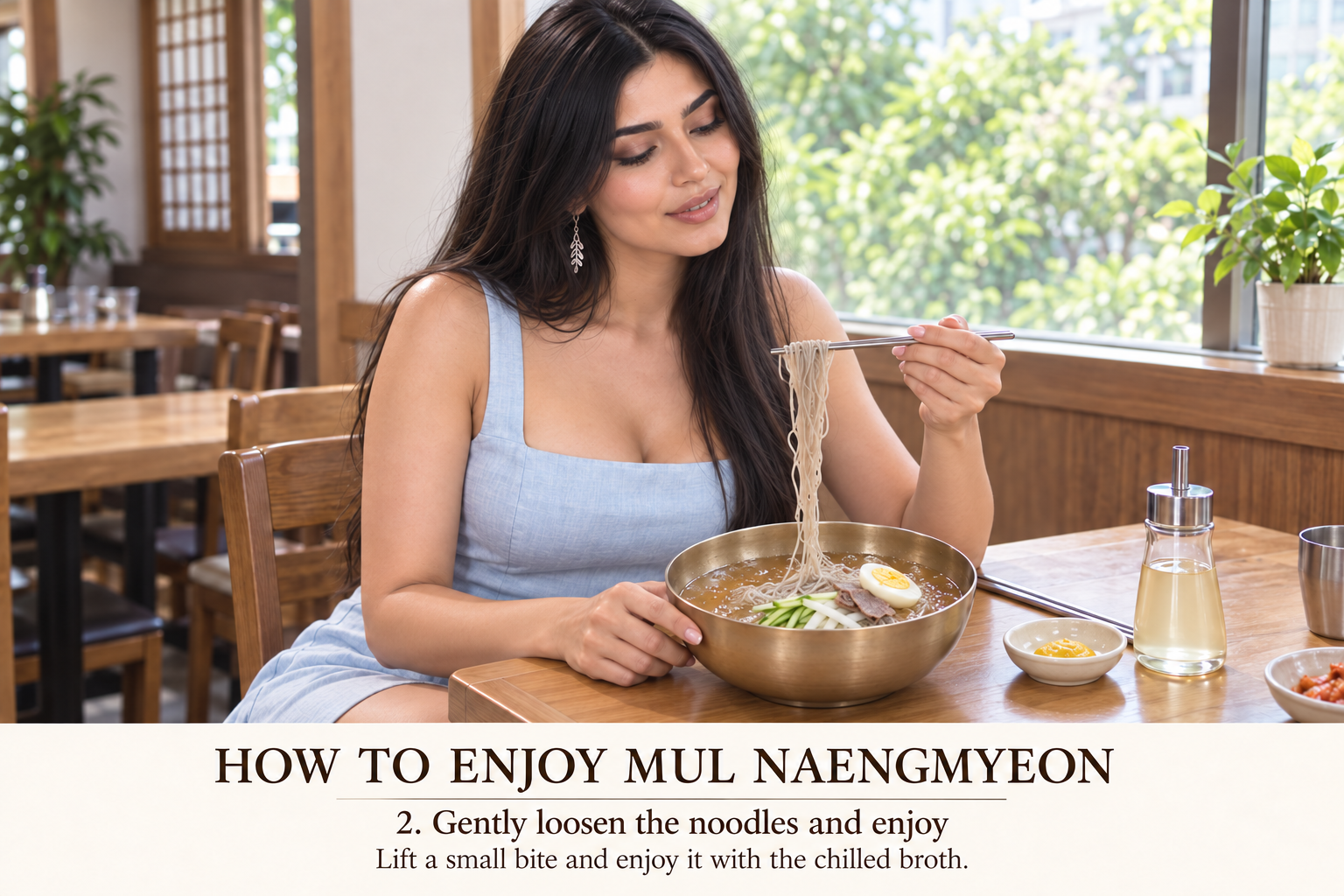 2. Gently loosen the noodles and lift a small bundle with some broth. Alternate the strands with cucumber, pear, radish, beef and egg for changes in sweetness, acidity, crunch and savoriness.