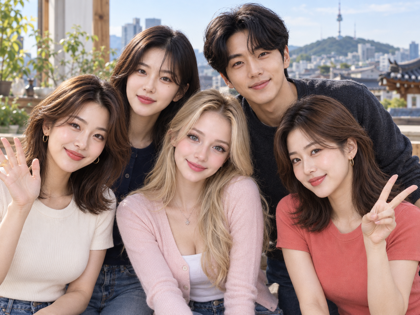 Five fictional young friends smiling together on a Seoul rooftop with N Seoul Tower in the background.