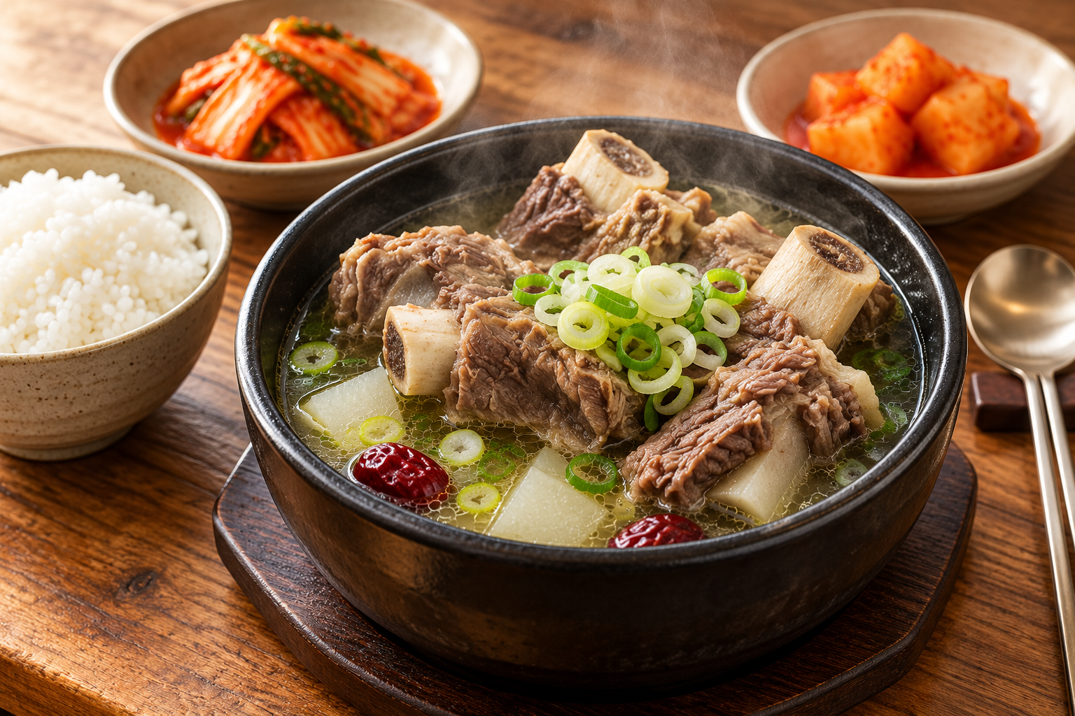 Galbitang with beef short ribs, radish, scallions and jujube in clear broth