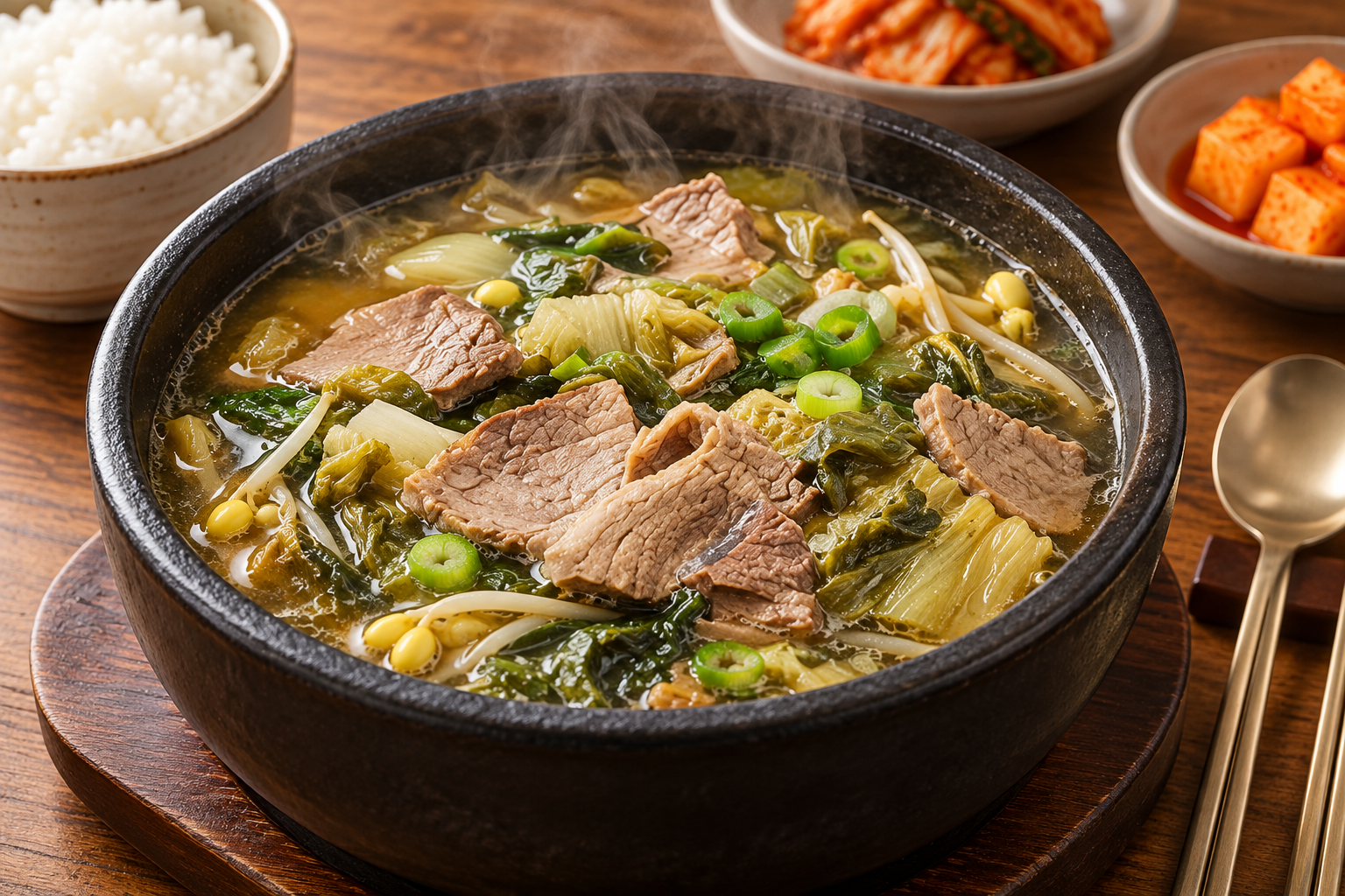 Sogogi haejangguk with sliced beef, cabbage, soybean sprouts and scallions in a lighter broth