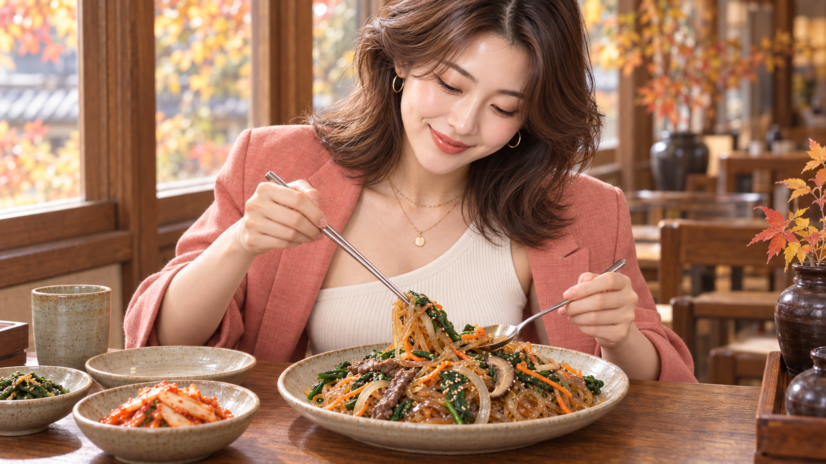 1. Lift and turn a small portion from the bottom so noodles, mushrooms, greens and vegetables are evenly distributed. Use kitchen scissors if the strands are too long to manage comfortably.