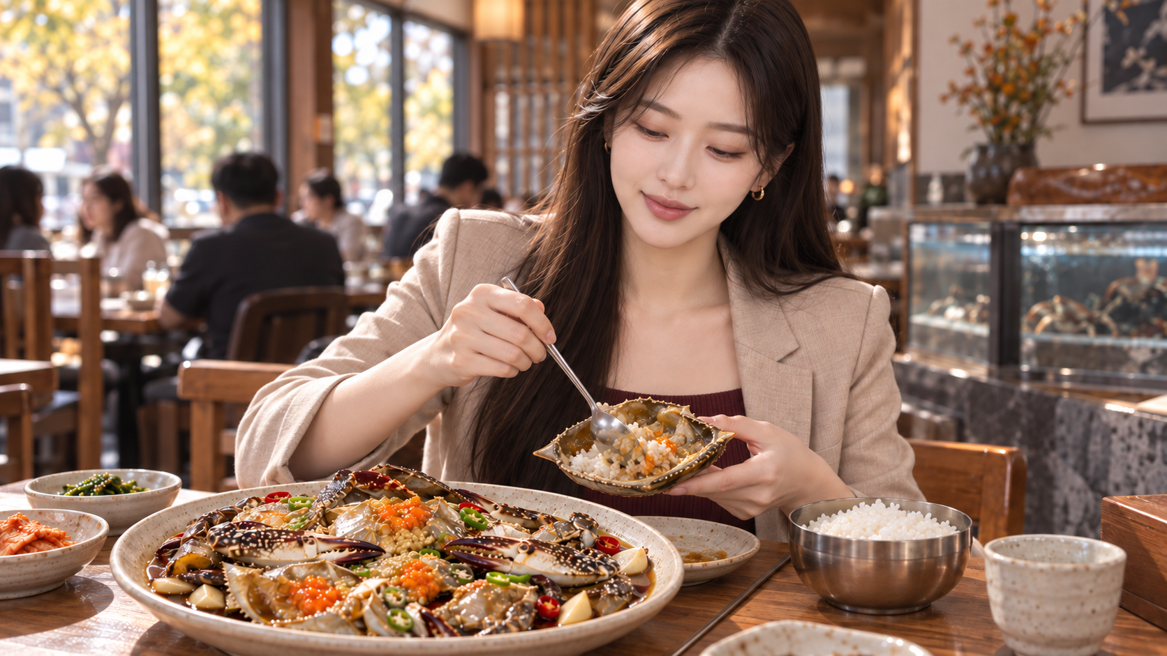2. If the top shell is served, mix only a little rice into the roe and juices. Add marinade by the spoonful rather than flooding the rice—the crab is already seasoned and the sauce is sodium-dense.
