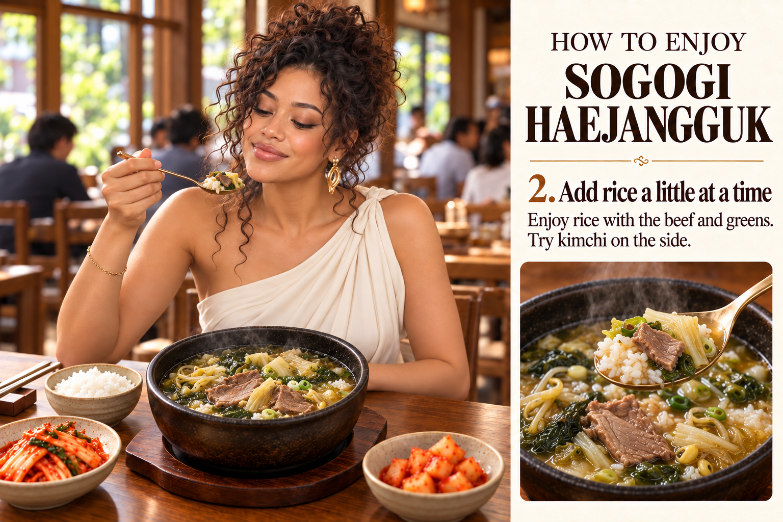 Sogogi Haejangguk: Add rice a little at a time so you can control the texture. Take spoonfuls with beef and greens, keeping kimchi on the side for a sharper, crunchier contrast.
