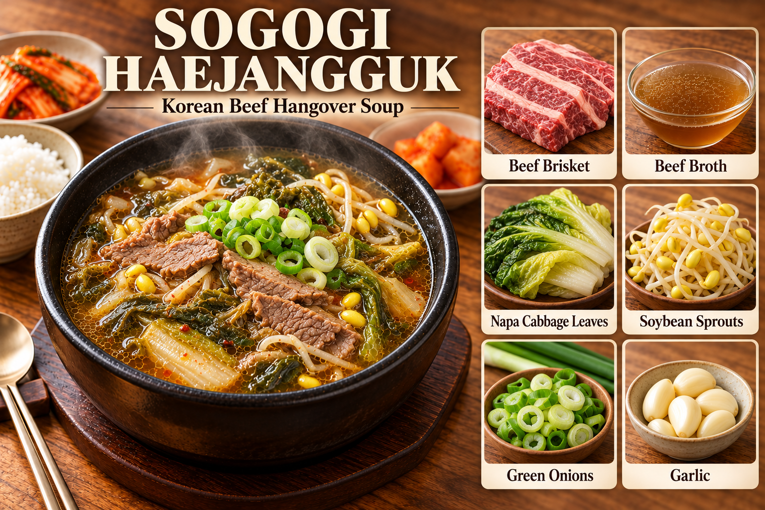 Sogogi haejangguk ingredients: beef, beef broth, napa cabbage, soybean sprouts, green onions and garlic