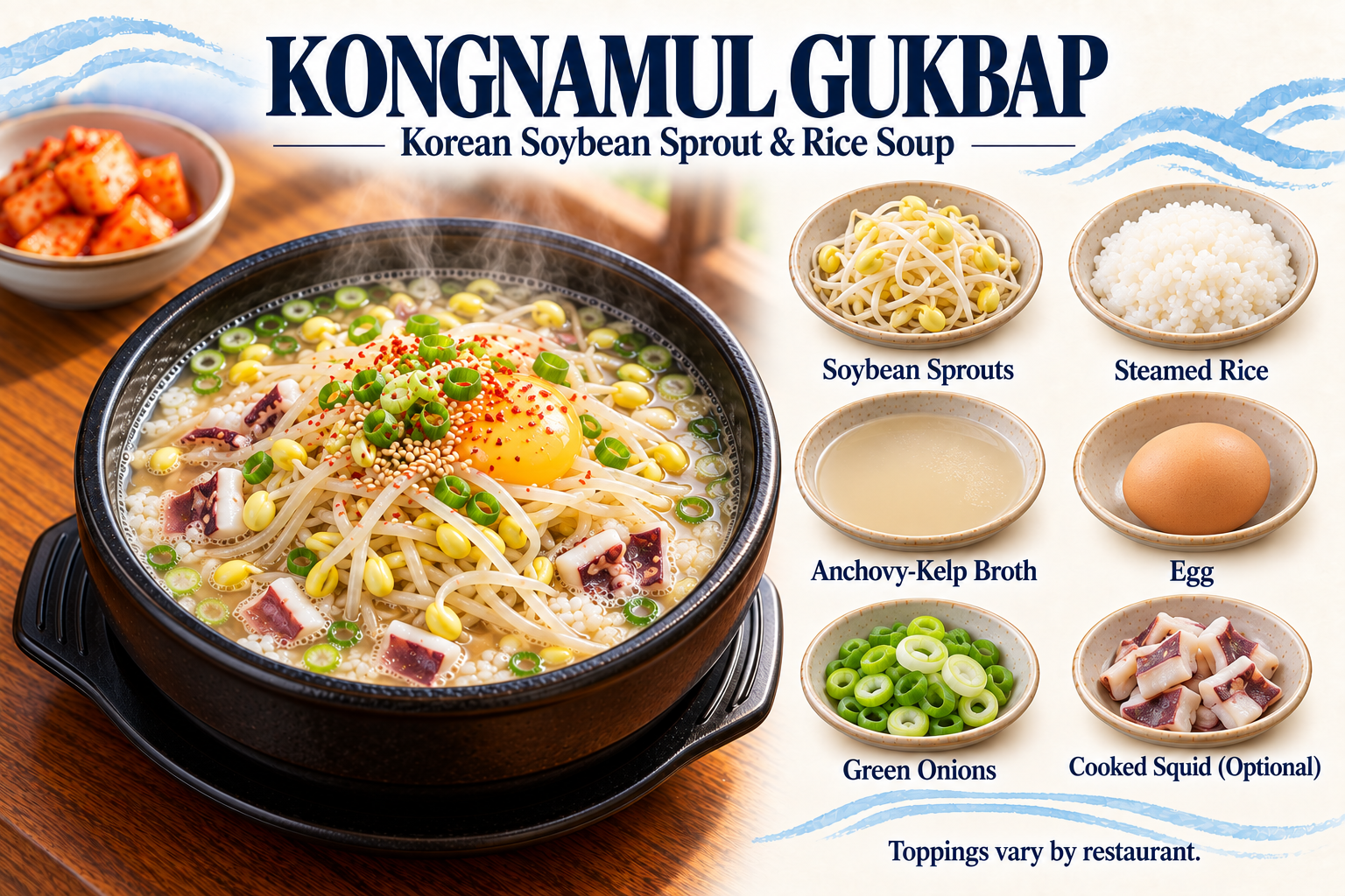 Kongnamul gukbap ingredients: soybean sprouts, rice, anchovy-kelp broth, egg, scallions and optional cooked squid